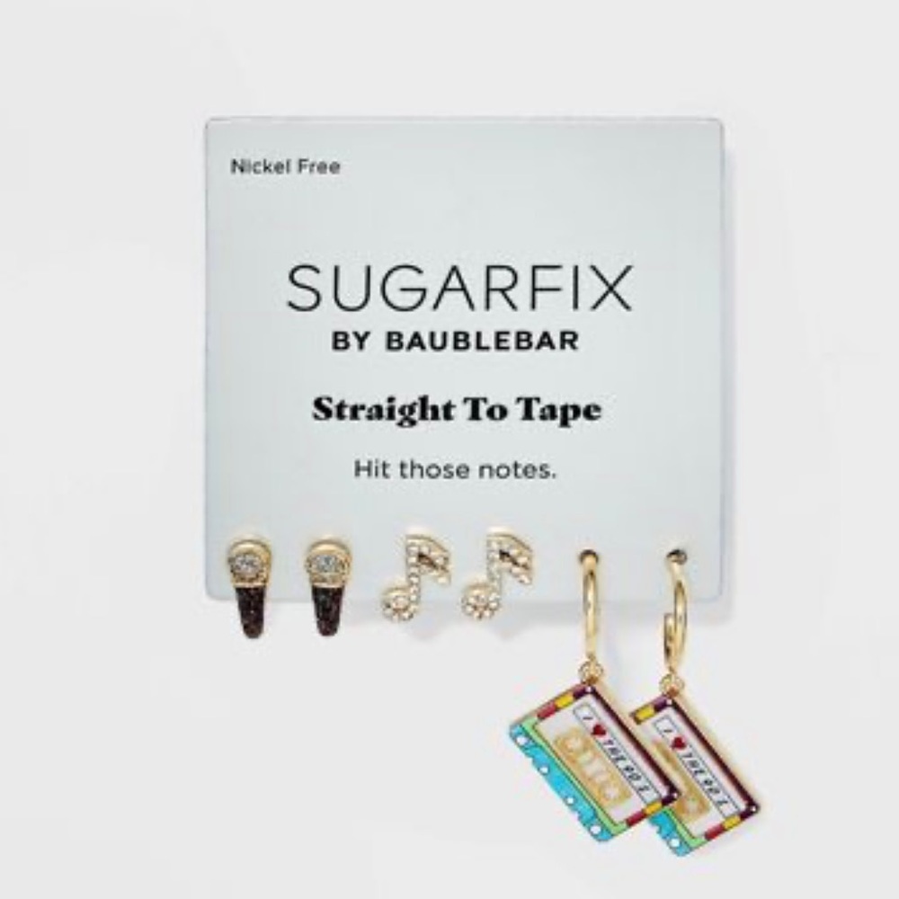 ✨2/15$✨NWT Sugarfix Baublebar Straight To Tape 3 Earring set Music 90s